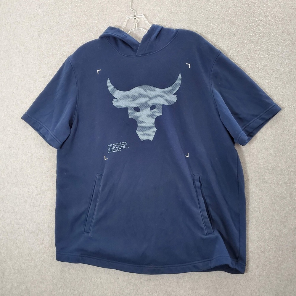Project Rock x Under Armour Men Sweatshirt L Blue Terry Hoodie Logo Graphic READ